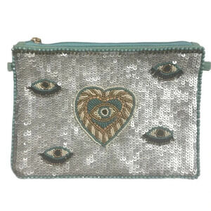 TORTUGA HANDMADE BEADED AND SEQUIN EVIL EYE CLUTCH ENVELOPE BAG
SILVER-TURQUOISE